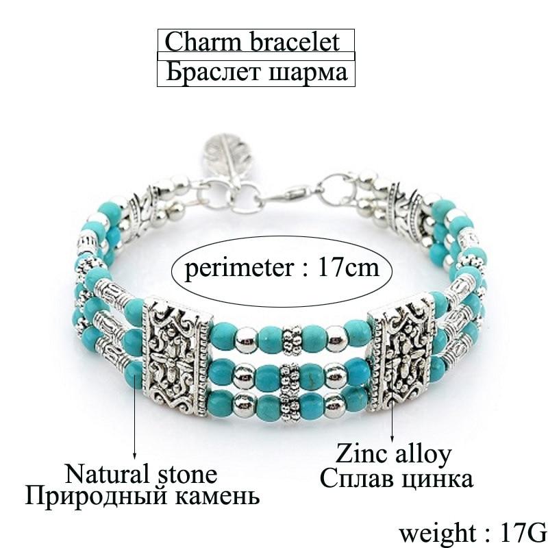 Bohemian Vintage Natural Stone Turquoises Feather Charm Bracelet For Women National Handmade Round Beads Carved Boho Bracelet
