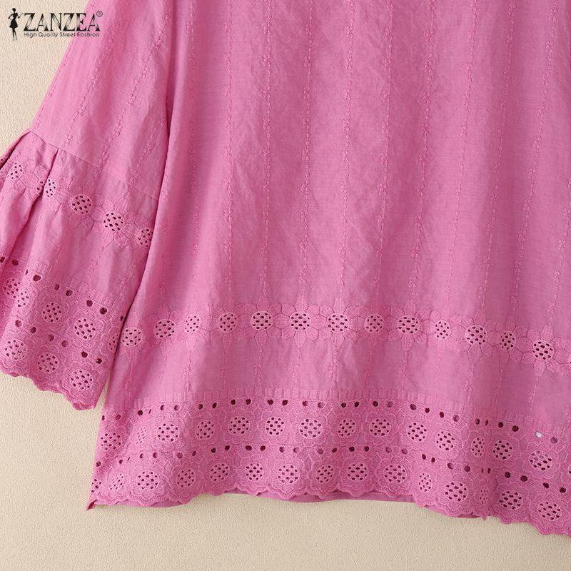 ZANZEA Женская повседневная блузка с круглым вырезом, рукавом 3/4, свободного кроя, с вышивкой и пэчворком