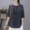 Cotton Linen Blouse Summer Retro Casual Embroidery Shirt Women's Top Lantern Sleeve Round Neck Blouses