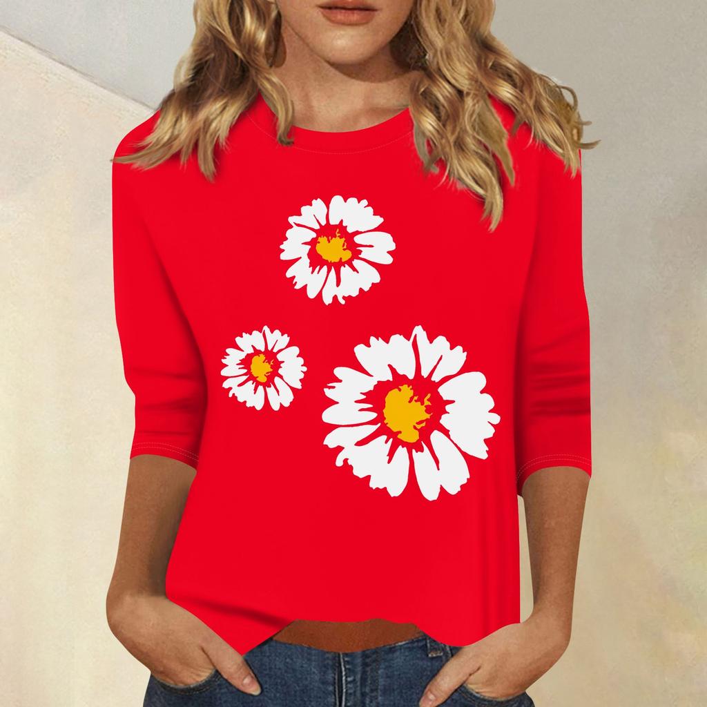 Women's Fashion Casual Printed Seven Sleeve Round Neck Top