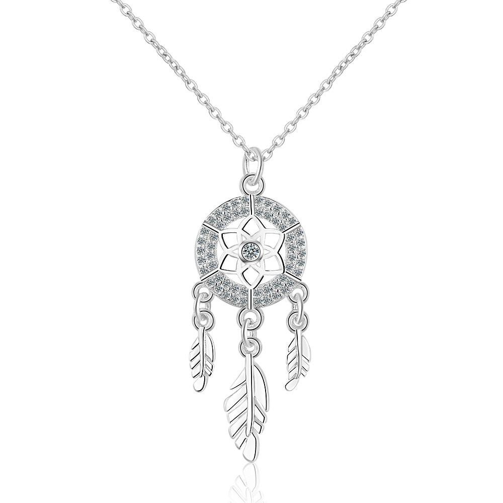 S925 Sterling Silver Dream Catcher Necklace For Women Simple Carved Zircon Clavicle Necklace