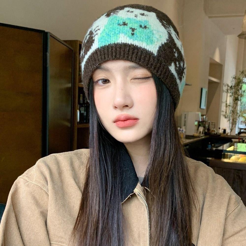 Warm Jacquard Pattern Beanies Fair Isle Style Printing Knit Cap Jacquard Cat Knitted Hat Girls