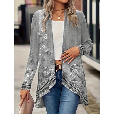 Женский кардиган средней длины больших размеров с принтом и воротником-стойкой