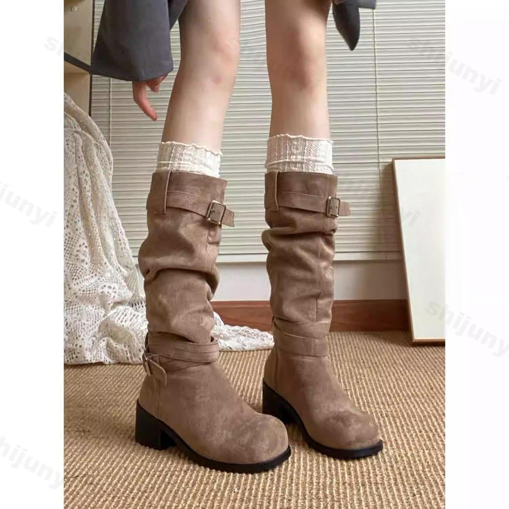 Fashion New Pleated Boots Women Black Nude Faux Suede Flock Knee High Boot Ladies Square Heel Autumn Winter Solid Slip-on Botas De Mujer