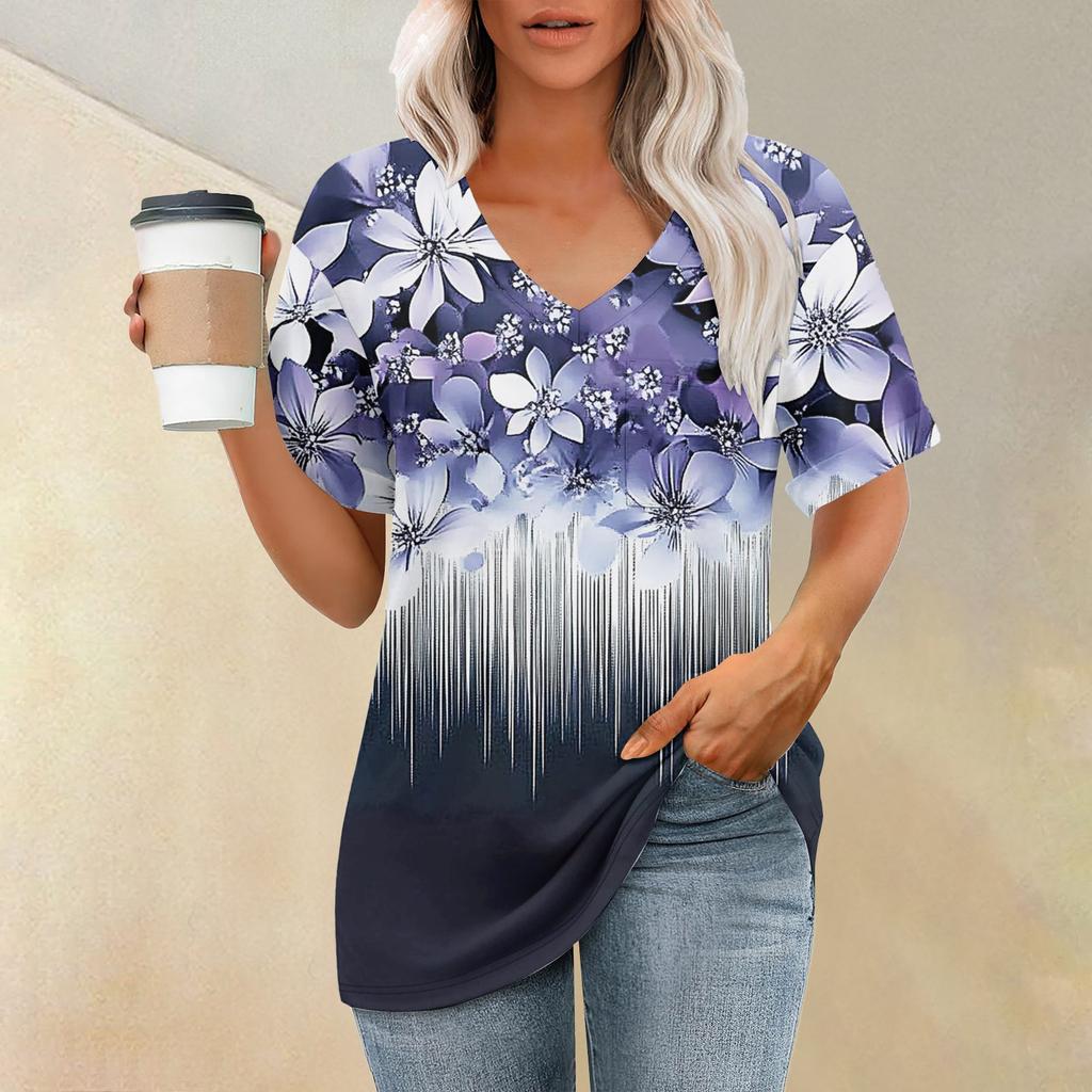 Women's Fashion Pocket V-neck Short Sleeve Plant Floral Print T-shirt Top