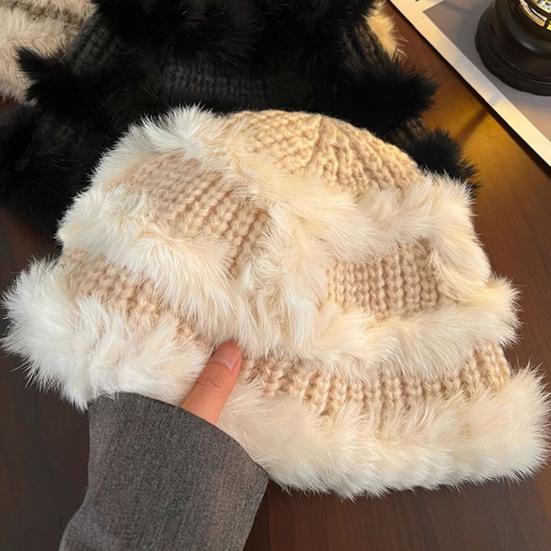 Women Fisherman Hat Imitation Rabbit Fur Decor Autumn Winter Windproof Warm Dome Soft Knitting Basin