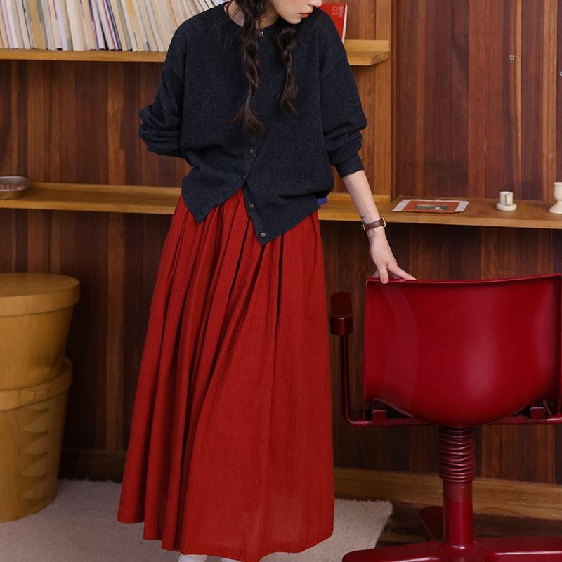 Johnature French Retro Bright Japanese Pleated Midi Skirt Red A-Line Umbrella Skirt Casual Simple Women Skirts
