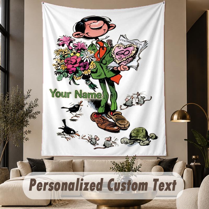 Custom Text Printed Tapestry Gaston Lagaffe Pattern Large Wall Hanging Indoor Room Decor