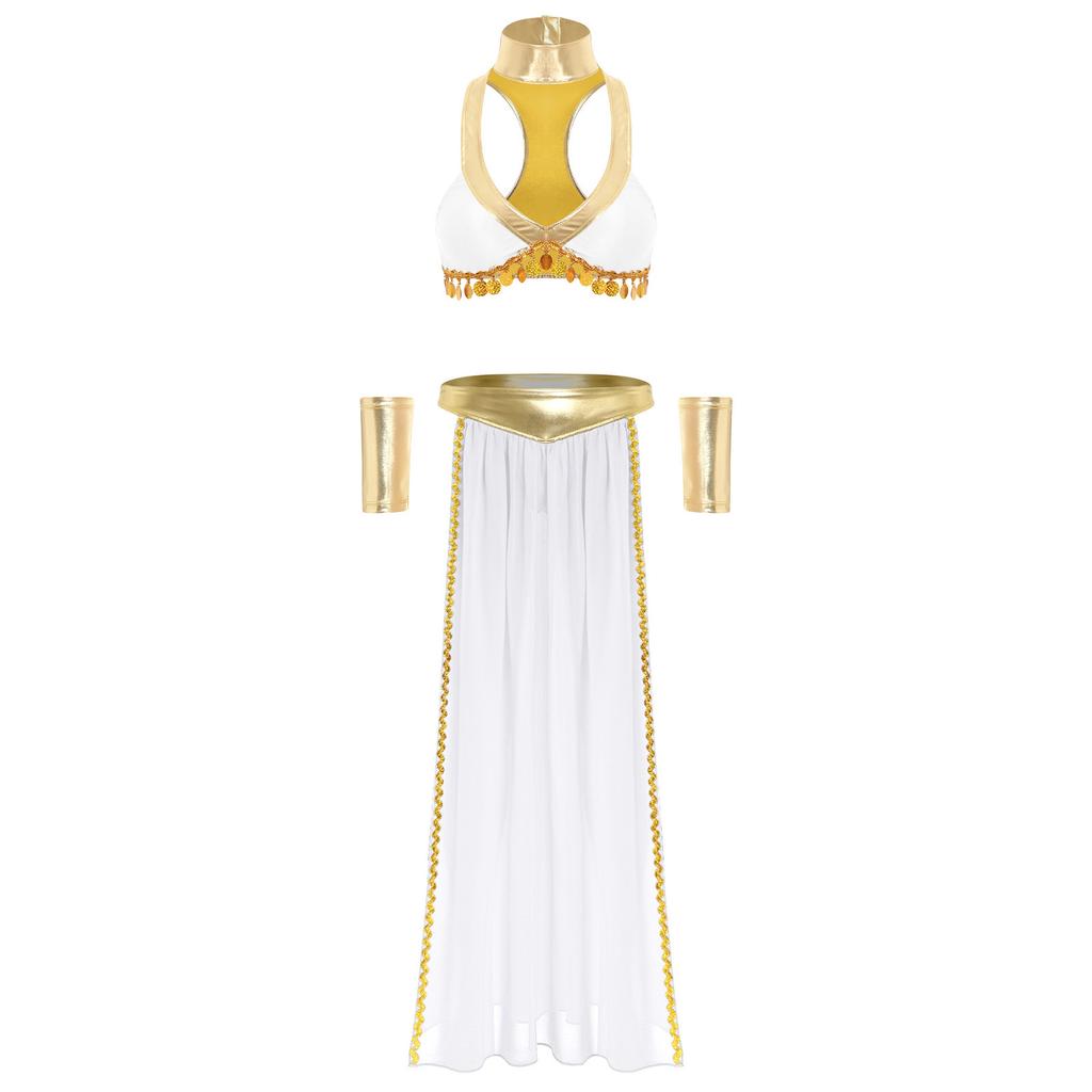 Womens Ancient Egyptian Queen Cosplay Outfit Crop Top Collar Sleeves Side Slit Chiffon Skirt 4 Piece Set