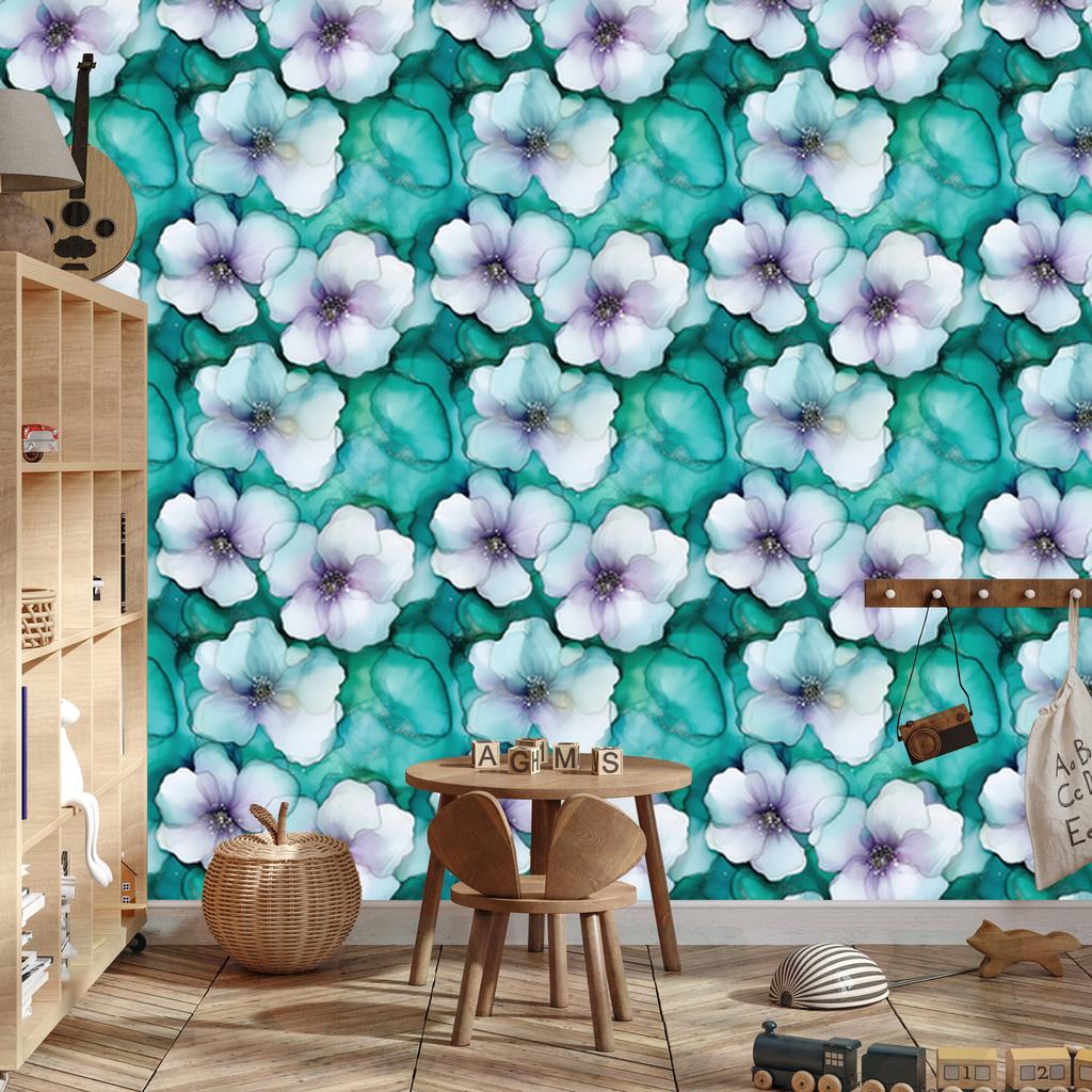 Wallpaper Ink turquoise, sea, blue and white 50x1000