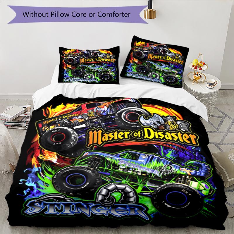 3pcs Monster Jam pattern bedding set duvet cover set includes duvet cover &pillowcases, perfect all season bedroom decoration & gift