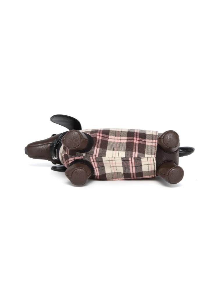 Fashionable And Creative Design Sausage Dog Shaped Crossbody Bag Women's Plaid Splicing Cartoon Cute Doll Bags