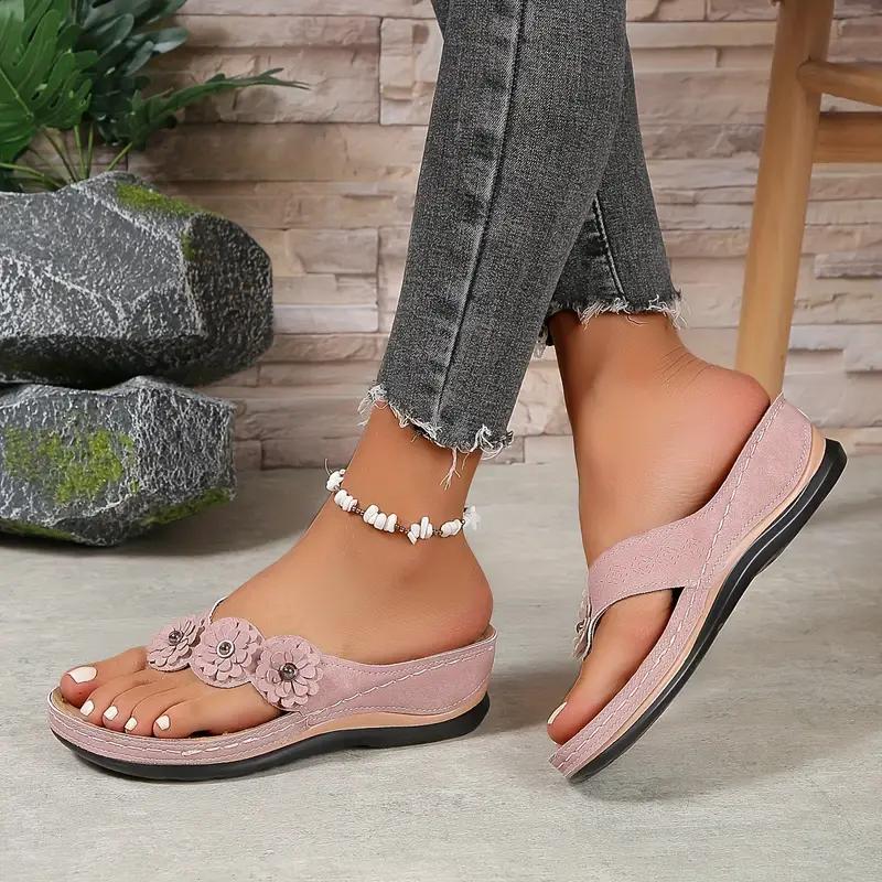 Women's Flowers Flip Flops Solid Color Slip On Summer Slide Shoes Casual Outdoor Beach Slides