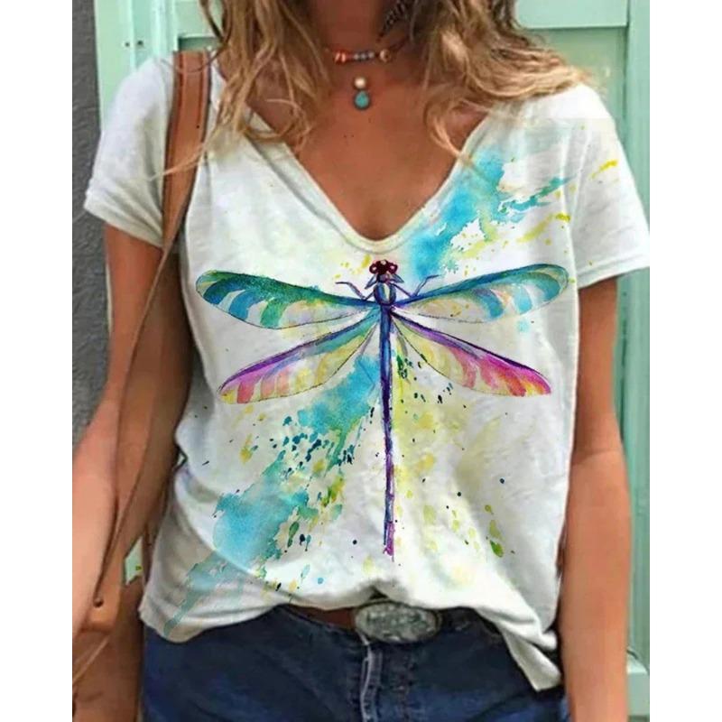 Summer Butterfly Dragonfly 3dV Neck Printed New Women's Top T-shirt
