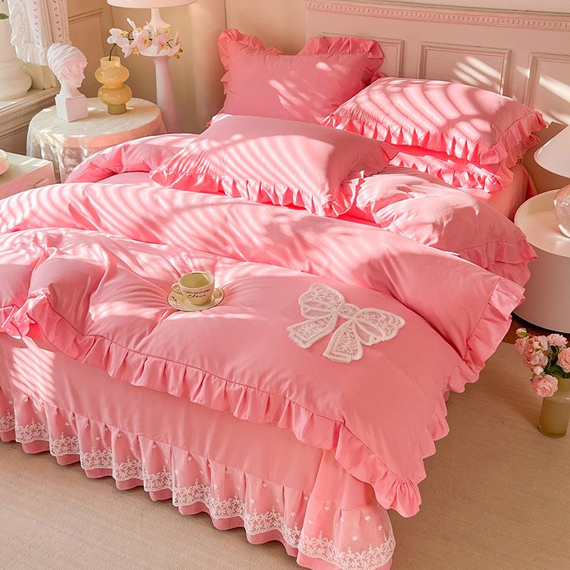 Romantic Lace Decorative Bed Sheet Set 4 Piece With Duvet Cover And PillowCases For Twin And Full Size Bedding