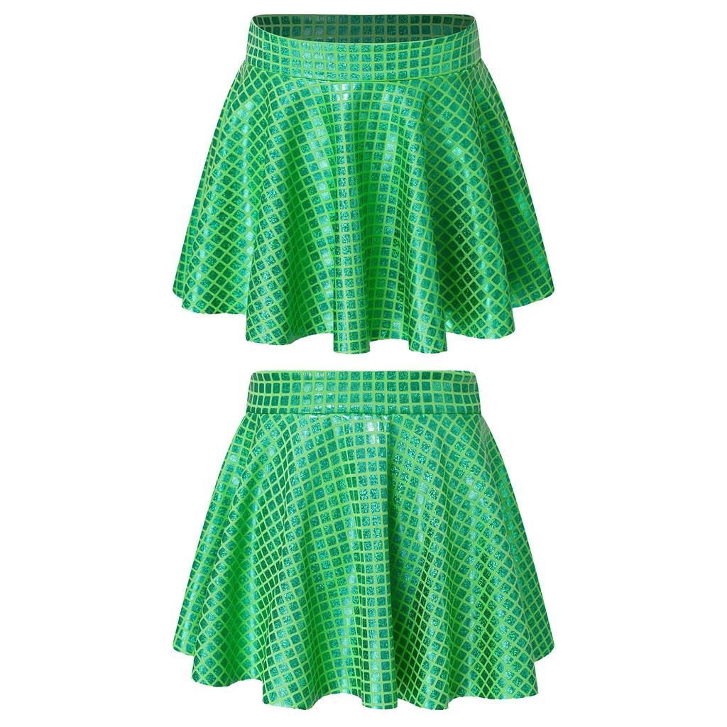 Girls Skirt Elastic Waistband Ruffled Shiny Plaid Sequins Clubwear Mini Skirts for Cheerleading Music Festival Rave Costume