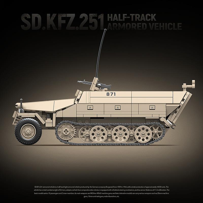 Военный Мировая Война Немецкий SD.KF5.251 Полугусеничная Легкая Бронированная Машина Строительство WW2 Тигр Пантера Танки Кубики Кирпичики Детские Игрушки