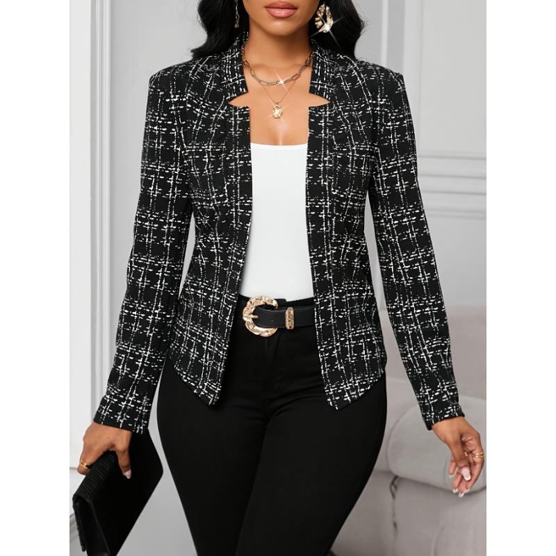 Women's Lightweight Plaid Long Sleeve Jacket - Stylish Open Front Outerwear for Spring & Fall, Black & White Houndstooth Pattern,
