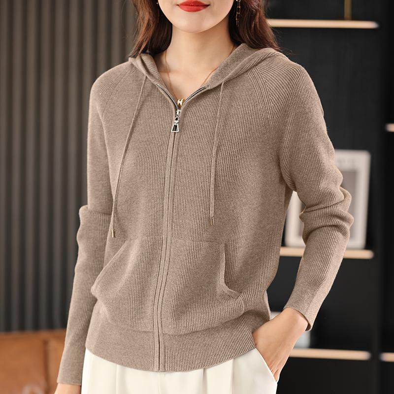 Autumn Winter Women Cardigan Sweater Jacket Hooded Collar Thicken Knitted Zipper Cardigan with Pocket Basis Top Female Coat