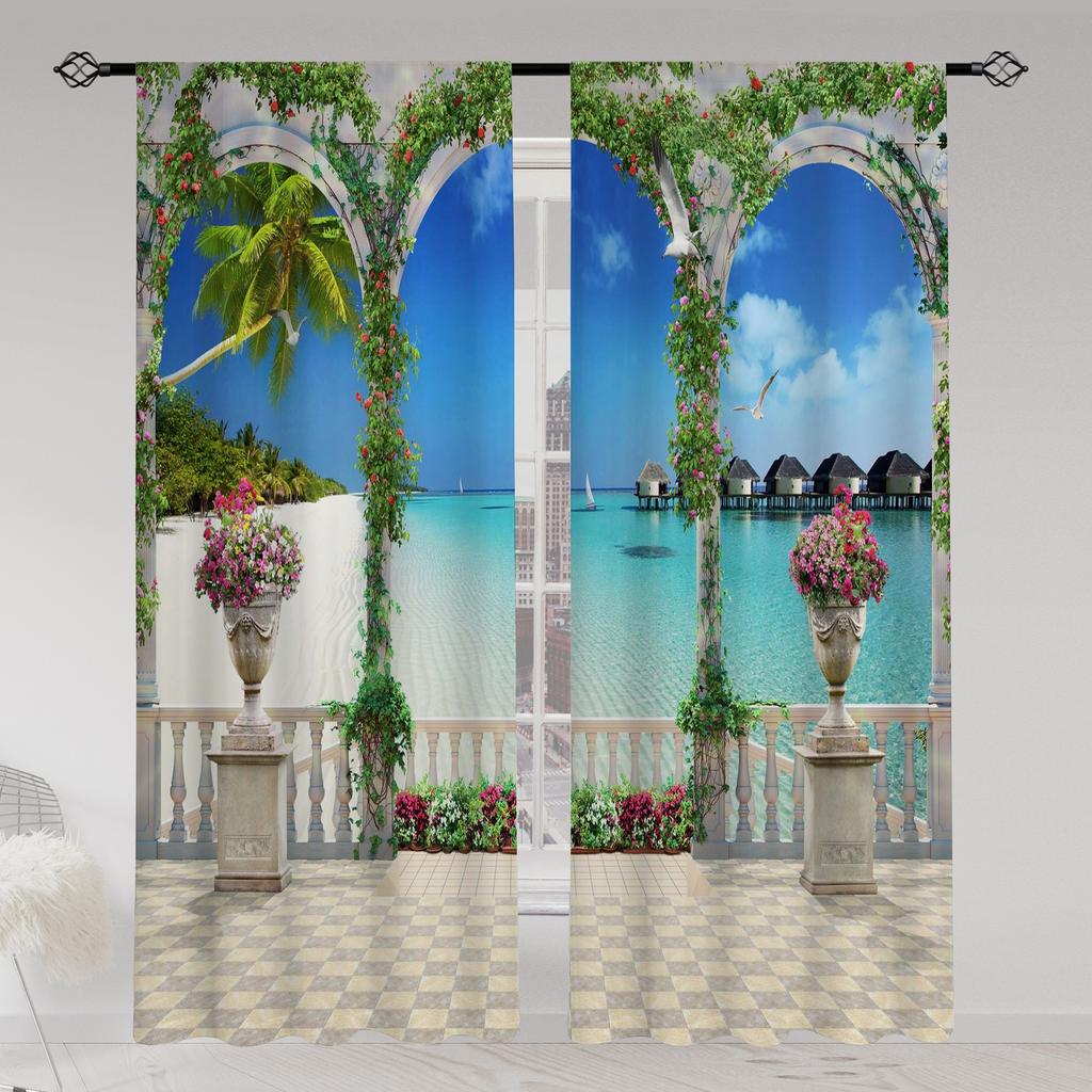 2pcs Landscape Seaside Coconut Tree Blue Sky White Cloud Printed Translucent Curtain Multi-scene Polyester Rod Pocket Decorative