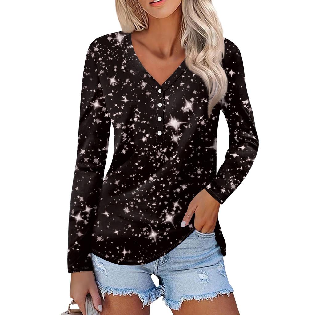 Женская повседневная мода сексуальный комфорт рождественский принт V-образный вырез пуговицы длинный рукав