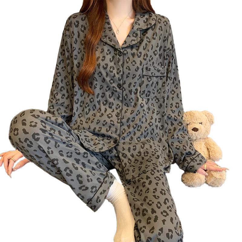 Grey Leopard Print Pajamas Women'S Spring New Simple Imitation Cotton Long-Sleeved Cardigan Homewear Set