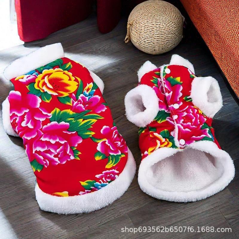 Dog clothes autumn and winter velvet warm Northeast big flower jacket cat teddy bear small dog winter clothes