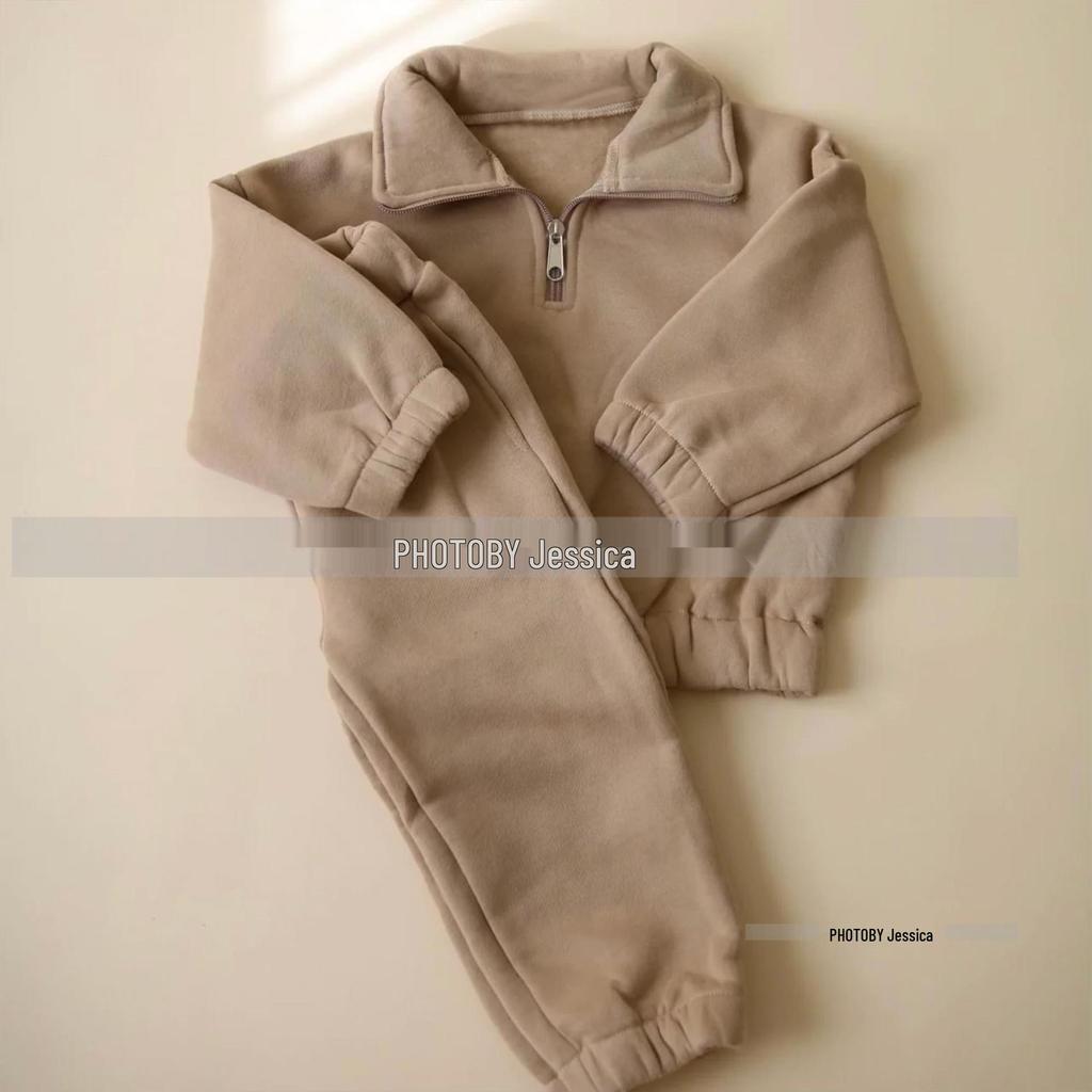 Зимний флисовый комплект в корейском стиле: Топ с высоким воротом на молнии до половины и джоггеры для мальчиков и девочек