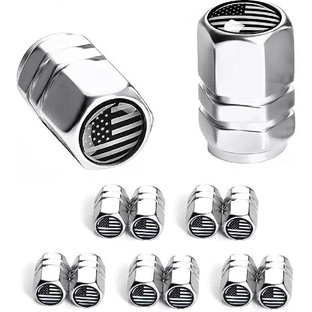 Dsycar 12 Pack Chrome American Flag Valve Stem Cap Aluminum Hexagon Design, with Rubber Ring, Universal fits Cars, Trucks, Motorcycles, Bicycles