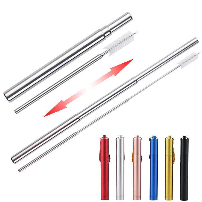 Reusable Stainless Steel Metal Telescopic Straw Collapsible Portable Travel Drinking Folding Straw Set with Cleaning Brush Case