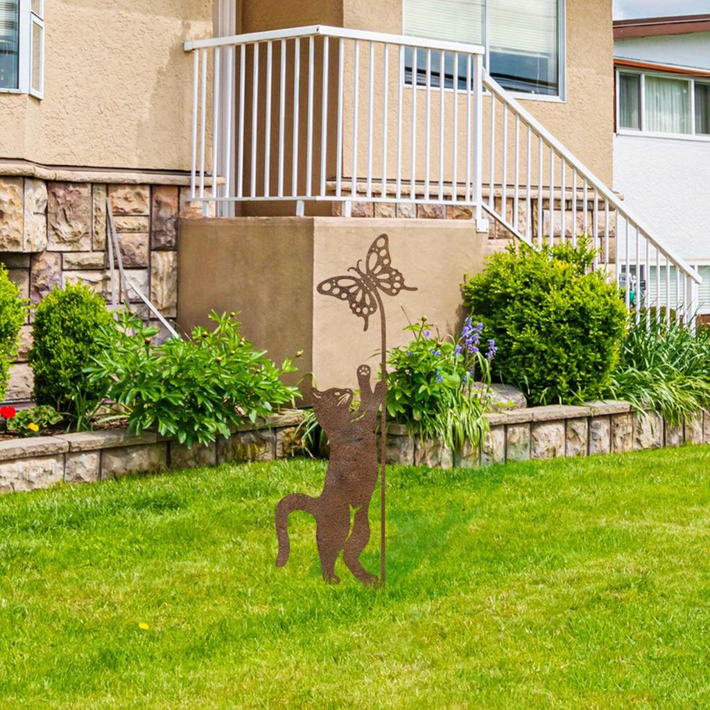 1Pc Rust-Colored Cat Garden Ground, a Fun Outdoor Decoration for Lovers, with Cat and Butterfly Design, Suitable for Muawn Art.