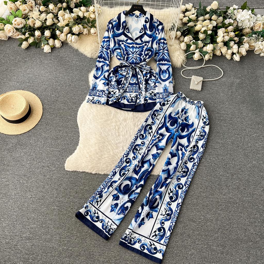 Fashion Designer Vintage Printed Two Piece Set for Women's Long Sleeve Blazer Collar Shirt+high Waisted Straight Pants Office Lady Outfits