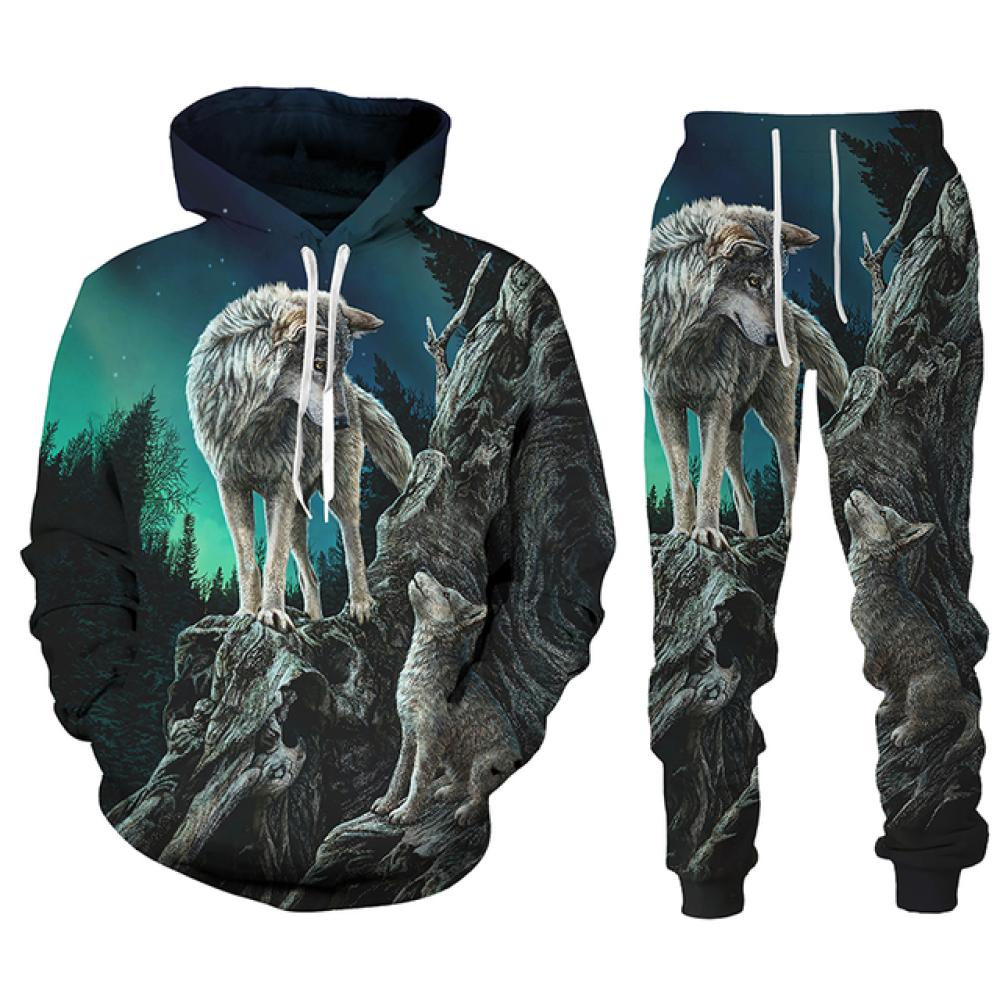 Модная уличная одежда, мужские комплекты, спортивные костюмы, новые мужские толстовки с принтом волка и спортивные штаны, костюм из двух предметов, повседневная мужская одежда с капюшоном