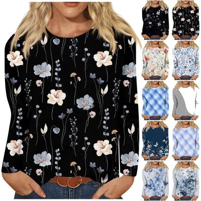 Женская модная повседневная футболка с круглым вырезом и длинным рукавом с принтом, топ