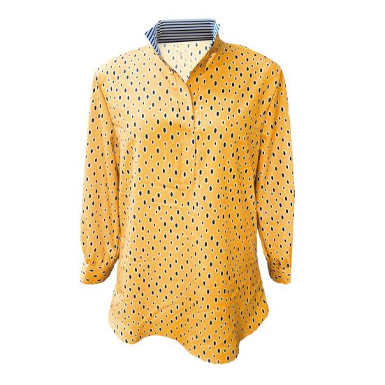 Свободный воротник большого размера с мягким точечным принтом-стойкой, рукав три четверти, дышащая повседневная полосатая пуговица средней длины