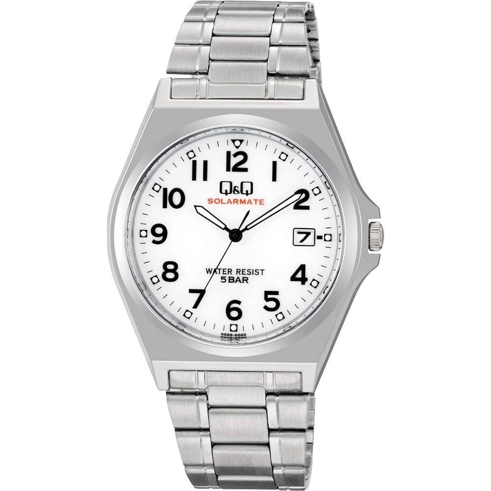 Citizen Q&Q Analog Solar Watch 5 ATM Water Resistant Date Display Metal Band White Dial H060-204 Men's Silver