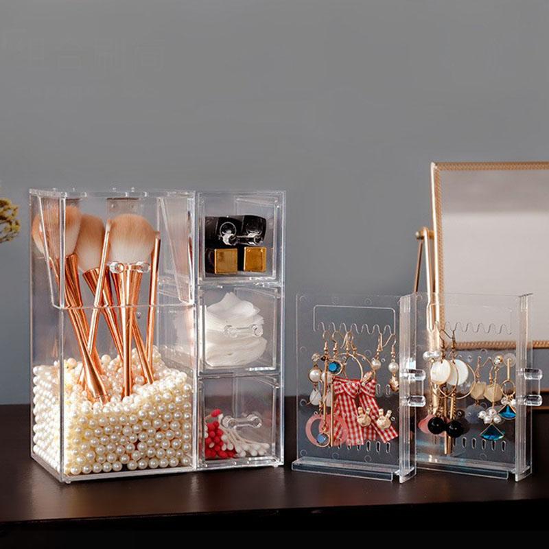 Clear Makeup Brush Organizer, Storage Rack with Drawers, Storage Box with Lid and Pearls for Storing Makeup Tools and Jewelry