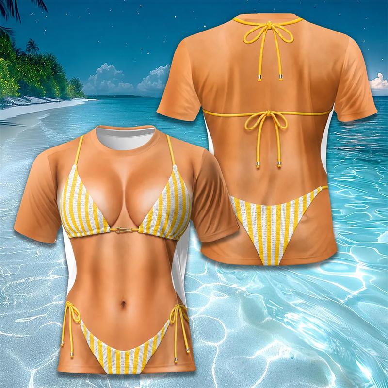 3D Fake Body Bikini Printed Men Short Sleeve T Shirts Funny Stripe Pattern Tee Casual Summer Beach Pool Party Holiday Top Gifts