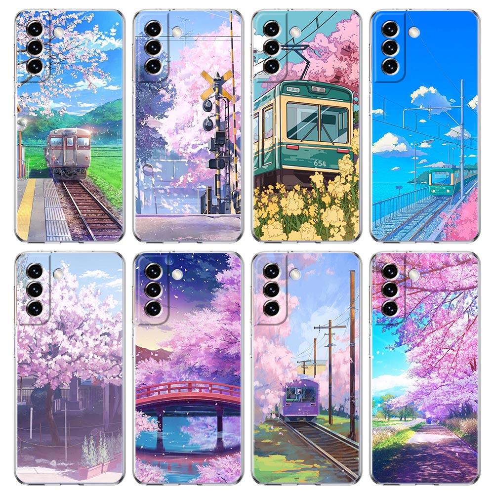 Cherry Japanese Traint Moun Fuji Clear Phone Case For Samsung Galaxy S23 S22 5G S20 Ultra S21 FE 5G S10E S9 S8 S10 Plus Cover