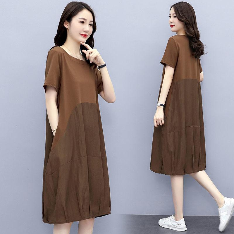 2023 летнее новое большое платье с коротким рукавом и круглым вырезом, женская повседневная свободная тонкая юбка для полных мм, тонкая юбка контрастного цвета