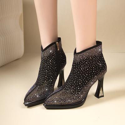 Мода 2024 года, высококачественные женские ботильоны с отделкой стразами, тонкий каблук, на открытом воздухе, с боковой молнией, модные ботинки Zapatos Para Mujeres