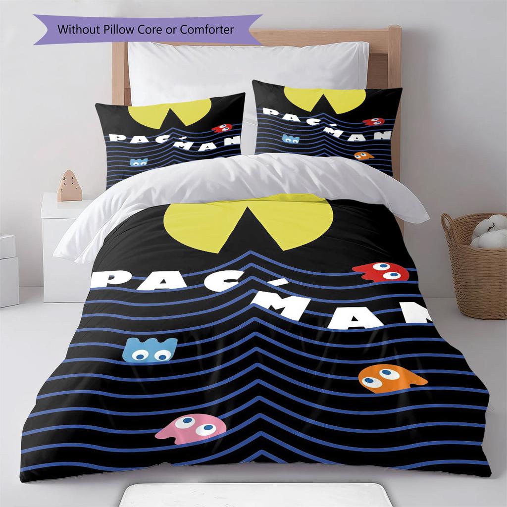 GAME Pac‑Man Pattern Bedding Home Decoration Birthday Gift ( 1 duvet cover + 2 pillowcase, without core),fan merchandise.