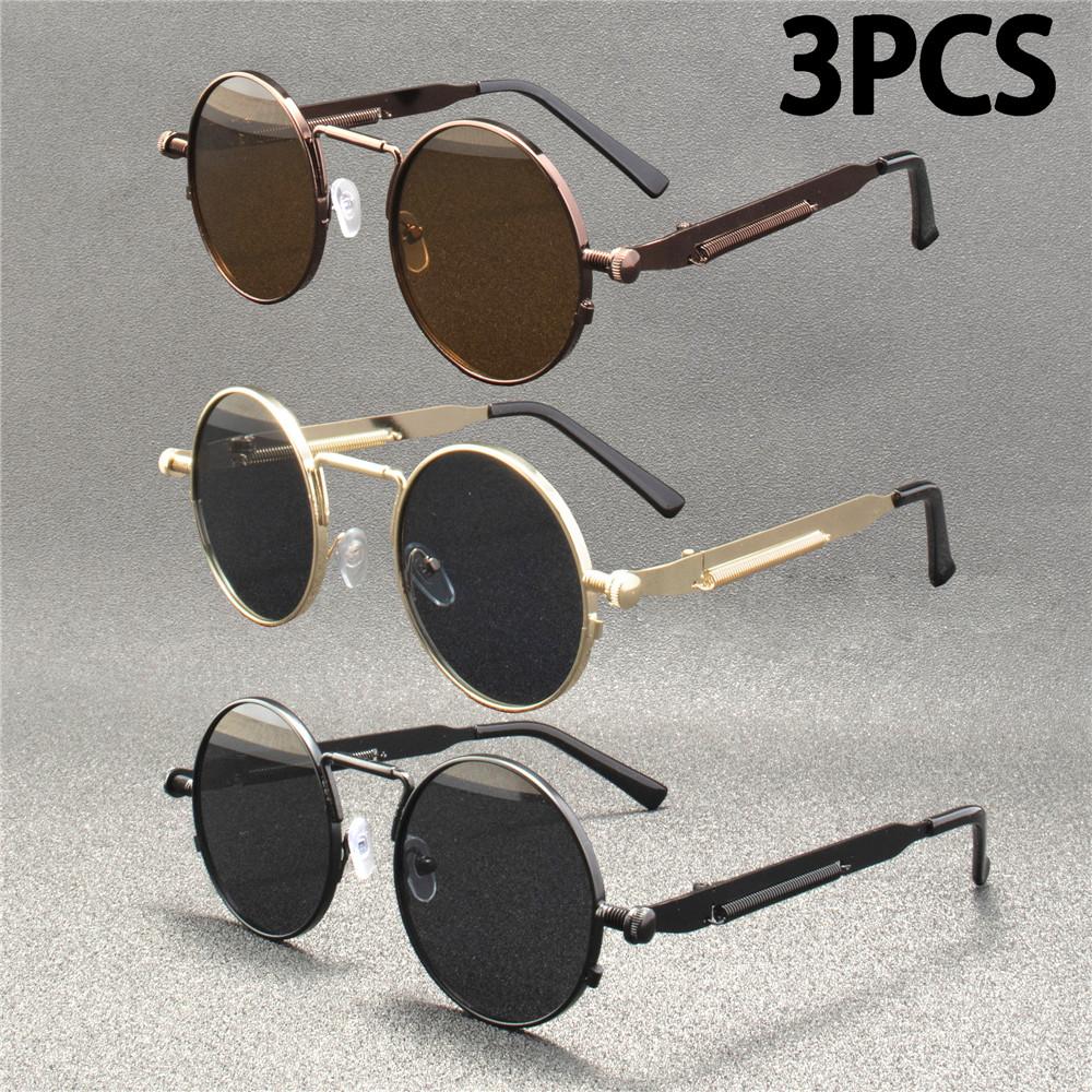 3PCS Vintage Punk Style Sunglasses Men Retro Round Metal Frame Women Sun Glasses Fashion Eyewear Mujer