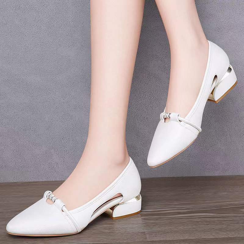 Shallow-mouthed Shoes Women's Low-heeled Spring and Autumn Shoes Joker White Thick Heel Work Shoes Anti-slip