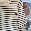 Harajuku Graphic Embroidery Short Sleeve T Shirt 2024 Summer Fashion Stripe T-shirt Casual Loose Women Clothing Young Girls White Y2k Tops Streetwear
