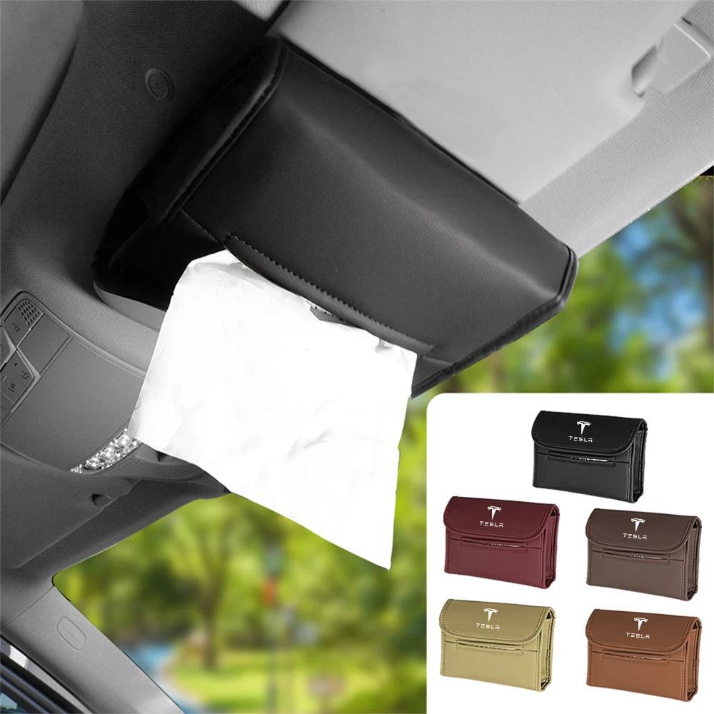Car Sticker Tesla Car Tissue Box Holder Leather Napkin Box Car Back Seat Paper Towel Organizer With Fix Strap For Tesla Model 3
