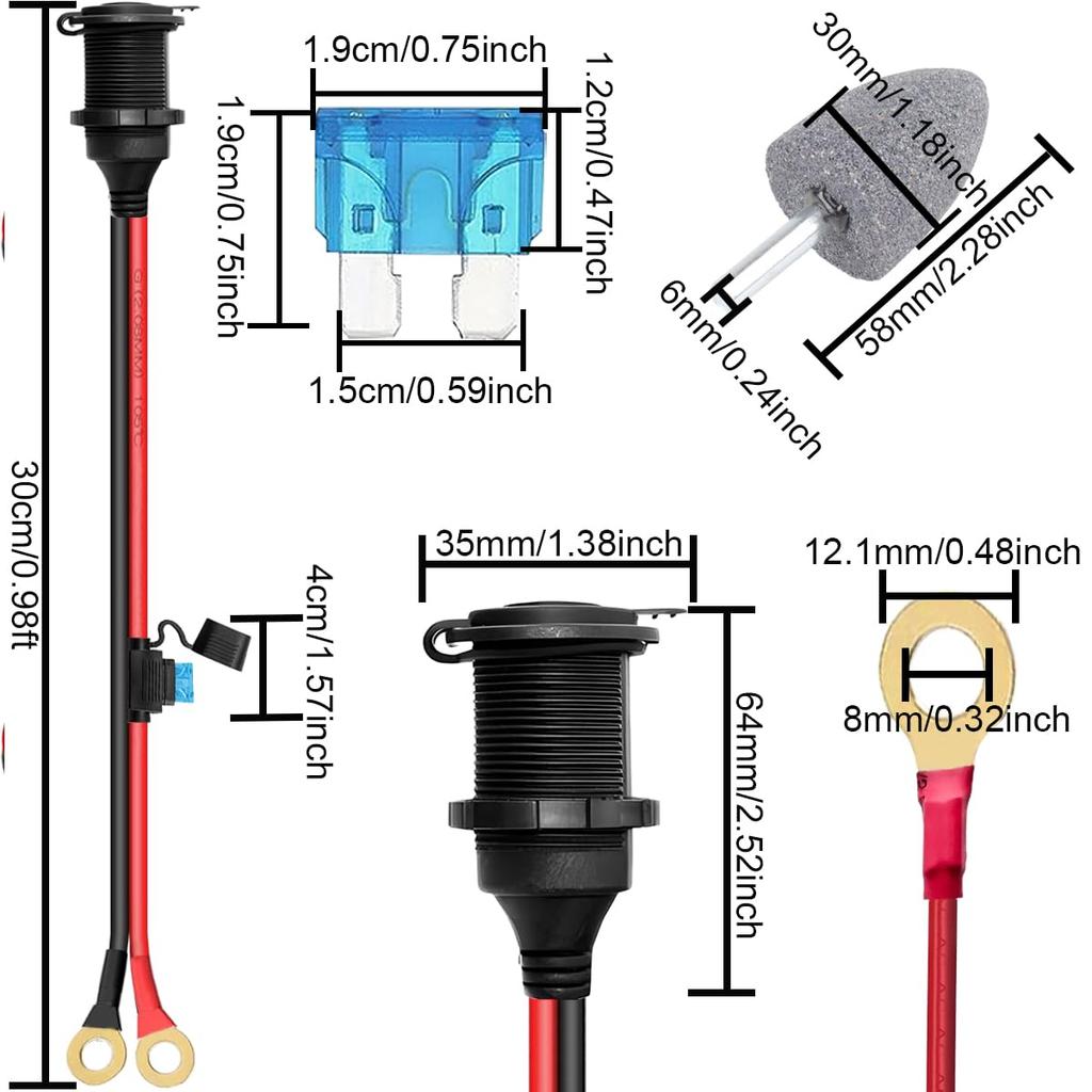 Xiatiaosann 2pcs Cigarette Lighter Socket - O-Ring Terminal Cable 14AWG /24V Fixed Screw Car