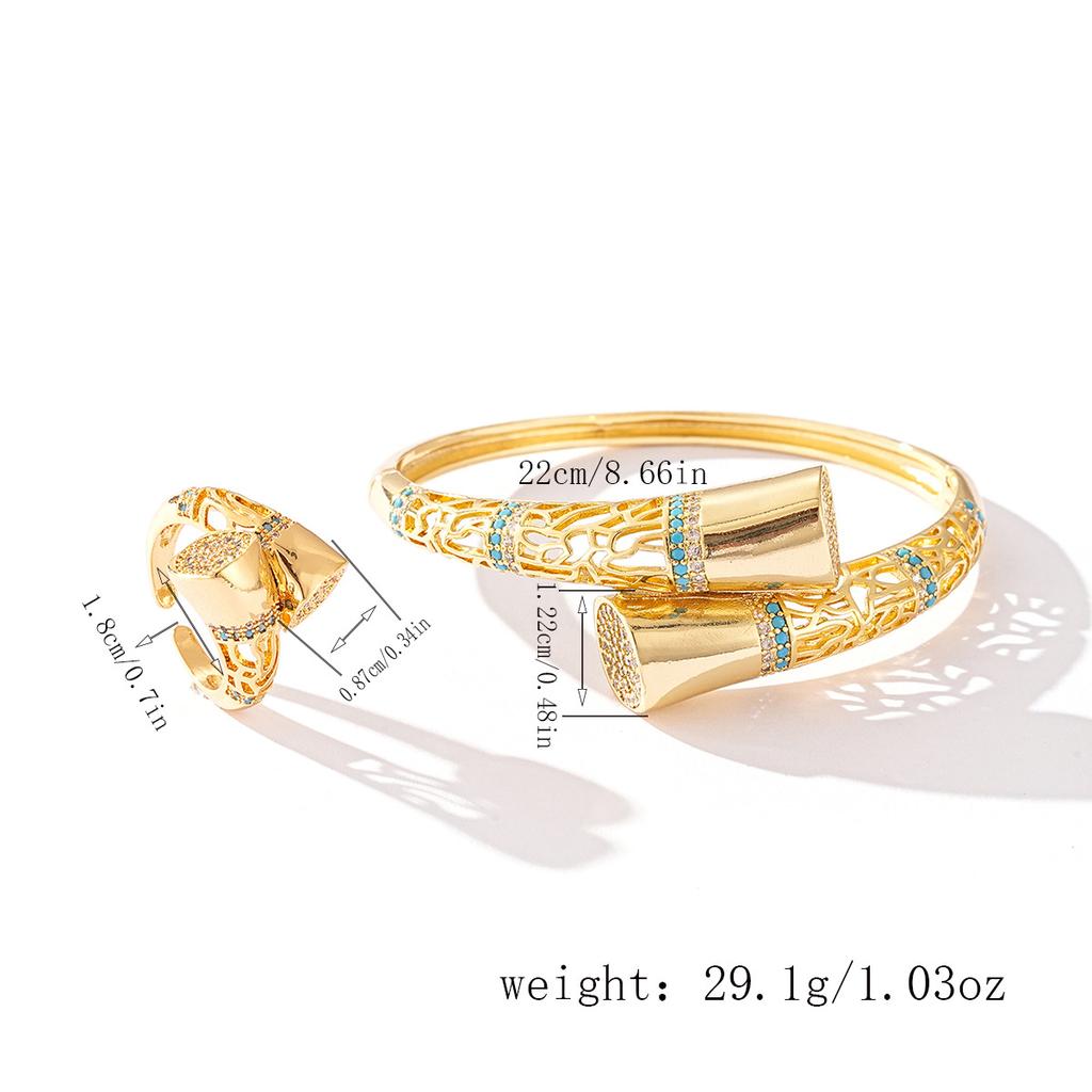 Роскошный комплект из золотистого медного браслета и кольца | Геометрические цветочные узоры с акцентами из фианита