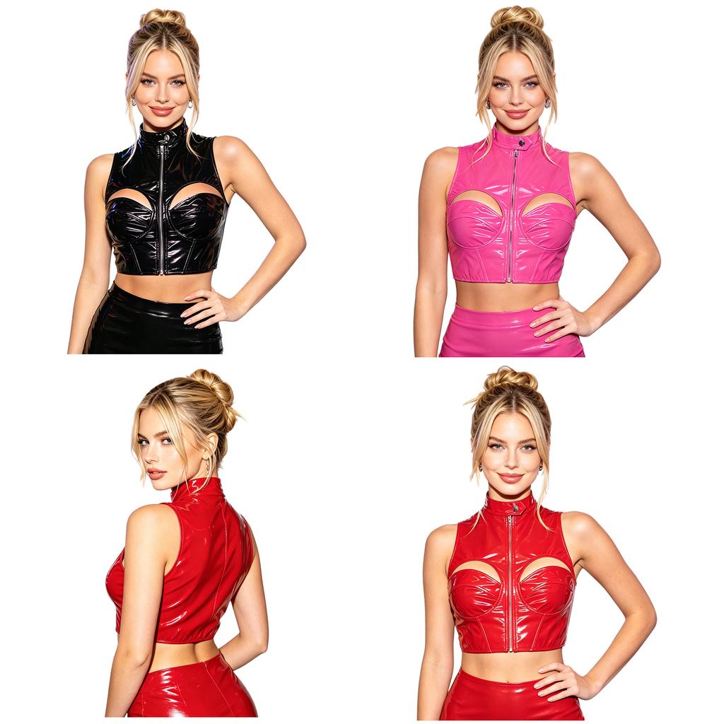 Women PU Leather Crop Top Funny Hollow Out Mock Neck Sleeveless Front Zipper Vest Tank Top