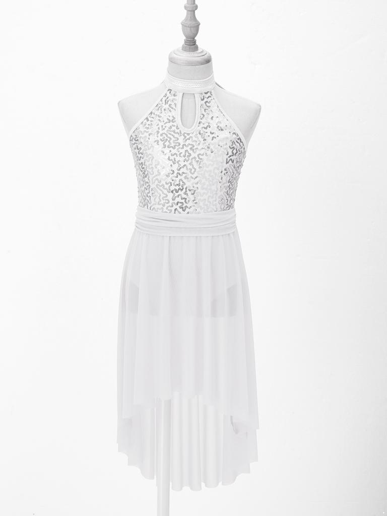 Танцевальное платье для девочек без рукавов с открытой спиной, круглым вырезом, блестящими пайетками, неровным подолом, дизайном вуали